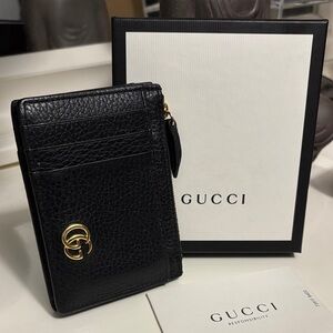 Gucci Black Leather Card Wallet with Gold Accent
